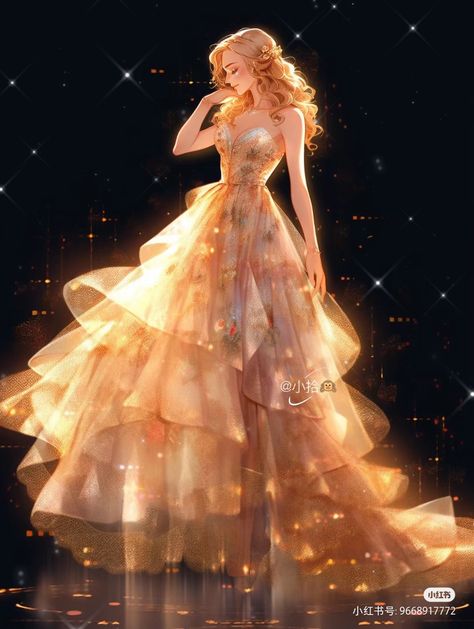 Gold Dress Drawing, Golden Dress Aesthetic, Golden Dress, Fantasy Dresses, Princess Ball Gowns, Dress Drawing, Fantasy Gowns, Anime Dress, Dress Aesthetic