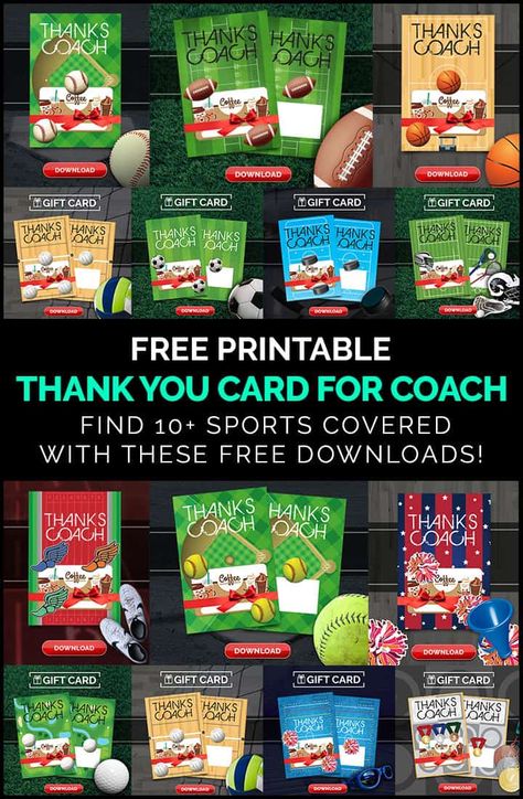 Coach gift ideas for several different sports! These free printable cards make the perfect Thank You gift for coaches! Several cards are available for to download and gift to coach! Coach Gift Tags Free Printable, Baseball Coach Gift Card Ideas, Soccer Coach Thank You Card Free Printable, Baseball Coach Thank You Gifts, Thank You Coach Gifts, Football Coach Gift Ideas Diy, Coach Thank You Gifts, Diy Coach Gifts, Coaches Gift Ideas