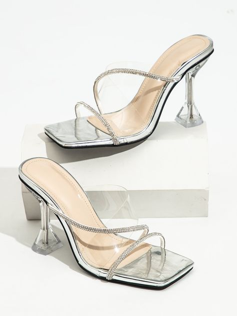 Silver Glamorous    Plain Mules    Women Shoes Silver Mules, Silver Kitten Heels, Slippers Outfit, Mules Women, Heeled Mule, Prom Accessories, Heeled Mules Sandals, Rhinestone Decor, Mule Sandals