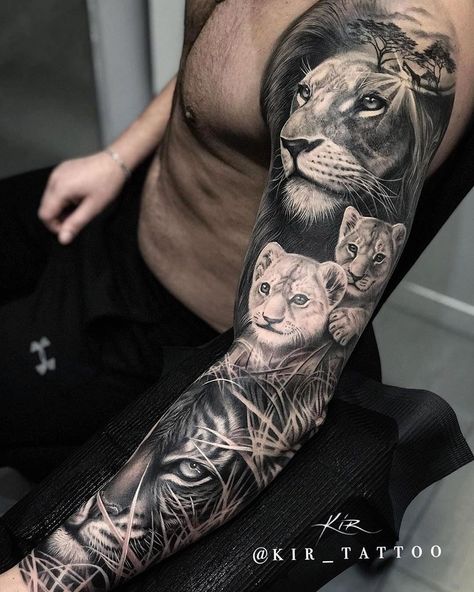 Family Sleeve Tattoo, Lion Shoulder Tattoo, Lion Forearm Tattoos, Tiger Tattoo Sleeve, Cubs Tattoo, Animal Sleeve Tattoo, Lion Tattoo Sleeves, Wolf Tattoo Sleeve, Mens Lion Tattoo