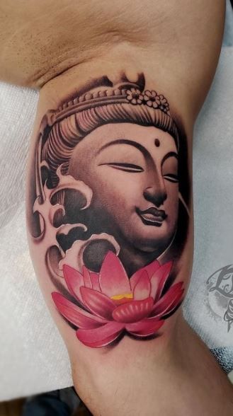 Buddha With Lotus Tattoo, Bhudha Tattoo Designs Hand, Lotus Flower Tattoo For Men, Meaning Tattoos For Women, Boodha Tattoo, Lotus Flower Tattoo Men, Buddah Sleeve Tattoo, Buddha Lotus Tattoo, Lotus Hand Tattoo