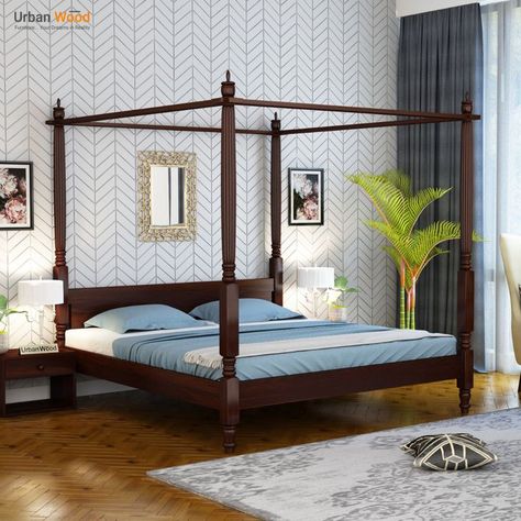 Rare Poster Bed Without Storage ( King Size, Walnut Finish ) Pandiri Mancham Designs, Four Poster Canopy Bed, Four Poster Beds, 4 Poster Bed, Poster Beds, Simple Bed Designs, Beds Modern, 4 Poster Beds, Bed Interior