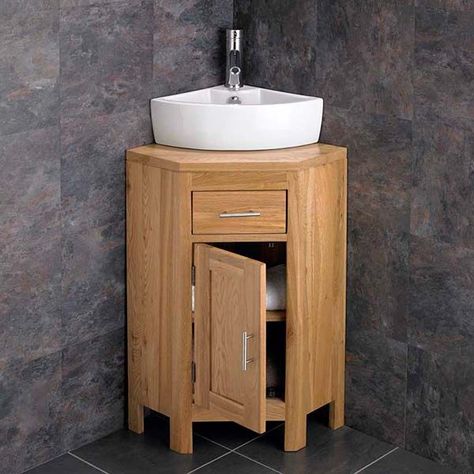 Corner Vanity Bathroom, Corner Vanity Sink, Corner Bathroom Sink, Corner Bathroom Cabinet, Oak Bathroom Cabinets, Ensuite Vanity, Corner Basin, Cloakroom Ideas, Oak Vanity Unit