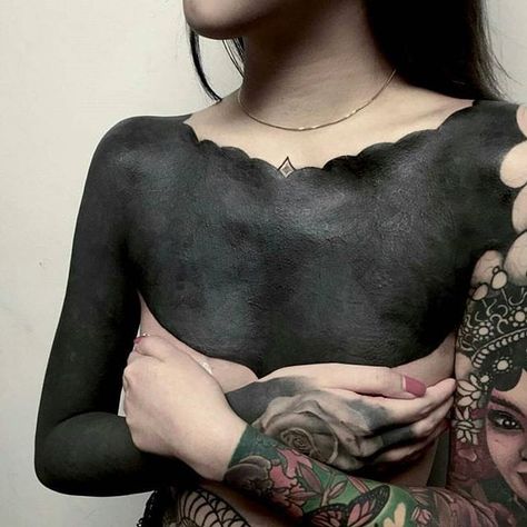 Beautiful Girls with Black Tattoos A Warrior, Black Sleeve Tattoo, Solid Black Tattoo, Optical Illusion Tattoo, Full Sleeve Tattoo Design, Blackout Tattoo, Biomechanical Tattoo, Blue Tattoo, Full Body Tattoo