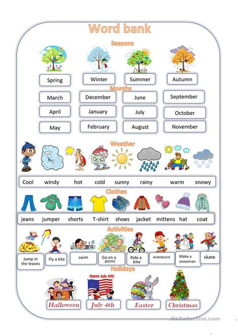 Weather Esl, Teaching Weather, Seasons Lessons, Seasons Worksheets, Weather Worksheets, Weather Vocabulary, Weather Clothes, Seasons Months, Seasons Activities