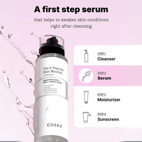 Meet the COSRX The 6 Peptide Skin Booster Serum, your all-in-one secret weapon for a radiant, youthful complexion, perfect for every skin type. Dermatologically tested and packed with a dynamic 6 peptide complex, this serum aims to stimulate collagen to get that bounce back in your skin, brighten up your complexion, and boost glow thanks to niacinamide, while hyaluronic acid and allantoin add a hydrating boost. Its light, watery texture sinks in like a dream, leaving you feeling refreshed and ready to take on the day.  Key features and benefits of the COSRX The 6 Peptide Skin Booster Serum Made with Hyaluronic Acid, NAG, and Amino AcidsHelps to even skin toneHelps to smooth the look of fine lines and wrinklesHydrating and moisturisingWorks to help improve skin texture & firmness150mlMade i Peptides Skin Care, Moisturised Skin, Guys Grooming, Skin Booster, Natural Face Skin Care, Snail Mucin, Basic Skin Care Routine, Clear Skin Tips, Korean Skincare Routine