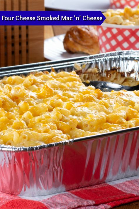 You'll be blown away by the smoky, cheesy flavors in this Four Cheese Smoked Mac 'n' Cheese. If you've never made macaroni and cheese in a smoker, you're in for a real treat! Smoker Mac And Cheese, Traeger Cooking, Smoked Mac And Cheese, Traeger Grill Recipes, Macaroni Cheese Recipes, Cheese Trays, Smoker Cooking, Macaroni Recipes, Traeger Recipes