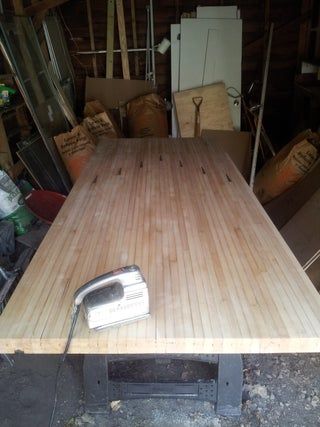 Reclaimed Bowling Lane Table : 5 Steps (with Pictures) - Instructables Bowling Alley Table, Bowling Lane, My First House, Blue White Kitchens, Pipe Table, Diy Table Top, Barn Kitchen, Rustic Industrial Decor, First House