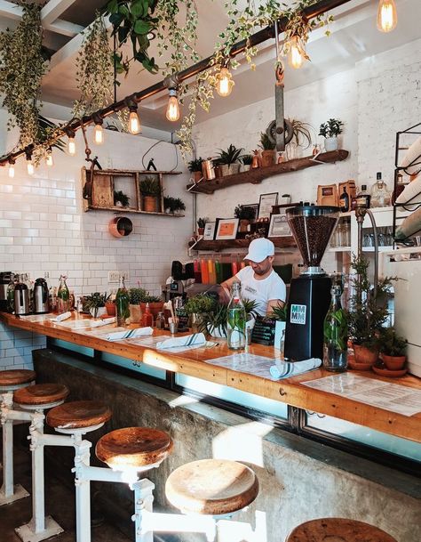 Coffee Shop Lighting Design, Small Brunch Restaurant Design, Brunch Shop Design, White And Wood Coffee Shop, Greenery Coffee Shop, Coffee Shop Accent Wall, Coffee Shop Shelving, Coffee Shop Shelves, Small Cafe Ideas