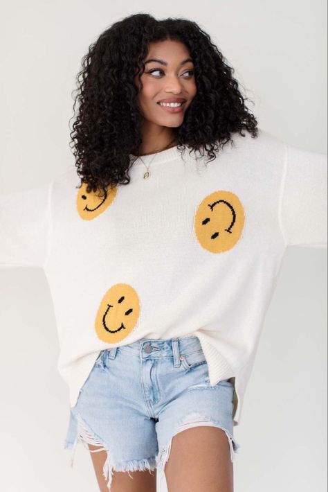 Smiley Face Sweater, Smiley Face Sweatshirt, Girls Cargo Pants, Black Western Boots, Cute Smiley Face, Clear Strap Heels, Smiley Faces, Blush Dresses, Sweater Sale