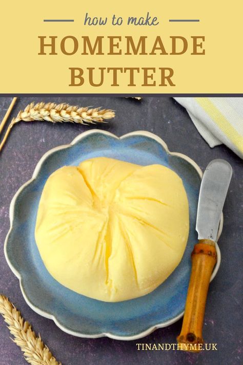 Learn how to make creamy and delicious homemade butter with this simple recipe. All you need is double (heavy) cream, a mixer (or jar) and some simple kitchen equipment. This step-by-step guide will show you how to churn your own butter from scratch. You'll be amazed at how easy and fun it is. Use your homemade butter for baking, to add rich flavour to your favourite dishes or spread it on toast for a decadent breakfast treat. Pin this recipe now and give it a try. Butter From Heavy Cream, Homemade Butter With Heavy Cream, Homemade Butter Heavy Whipping Cream, Make Butter From Heavy Cream, Making Butter From Heavy Cream In A Jar, Making Butter, Vegetarian Comfort Food, Churning Butter, Homemade Buttermilk