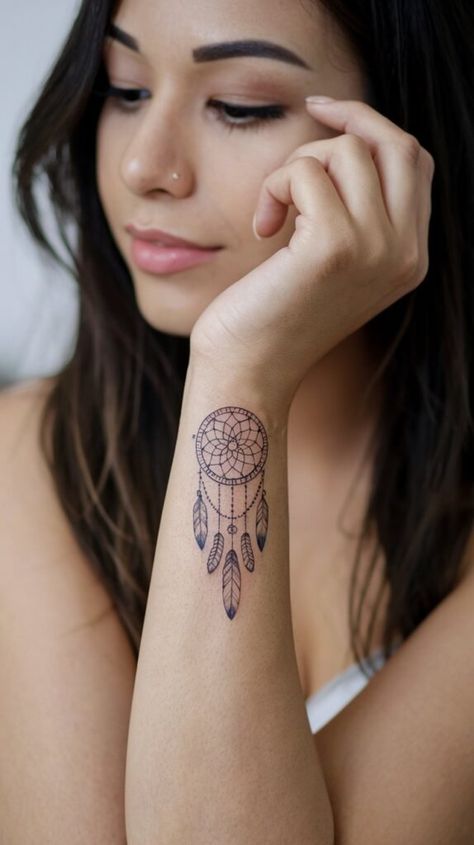 Mini Dreamcatcher Tattoo, Crescent Moon Dream Catcher Tattoo, Small Dream Catcher Tattoo, Simple Dream Catcher Tattoo, Dream Catcher Tattoo Ideas, Tattoo Dreamcatcher, Dream Catcher Tattoos, Dream Catcher Tattoo Design, Dream Catcher Patterns