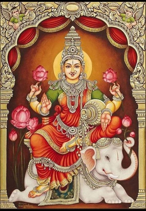 Gaja Lakshmi, साईं बाबा, Maa Lakshmi, Mysore Painting, Indian Traditional Paintings, Kerala Mural Painting, Indian God, Lakshmi Images, Hinduism Art