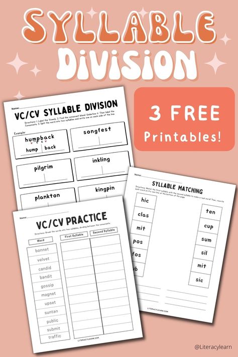 Vccv Syllable Activities Free, Syllable Division Anchor Chart, Syllables Division Rules, Syllable Division Worksheets, Vcv Syllable Activities, Vccv Syllable Activities, Multisyllabic Word Activities Free, Syllable Segmentation Activities, Syllabication Worksheets