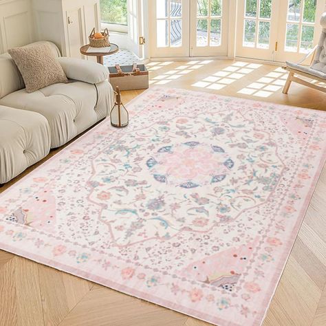 PRICES MAY VARY. [Accent Floral Area Rug] - This washable rug features floral medallion patterns to add vintage and accent appeal to your space. Pink rugs 5'x7' can be folded without leaving creases for easy storage. Soft and durable 5 by 7 area rugs can be used in high traffic areas of your home without blocking the door opening. [Premium Soft & Non-Slip Rugs] - This vintage rug adopts premium cashmere-like medium pile microfibers, soft but durable, great choice for your pink room decor aesthet College House Decor, Pink Room Decor, College Apartment Decor, Pink Living Room, Rugs For Living Room, Pink Room, House Room, Room Inspiration Bedroom, Room Ideas Bedroom