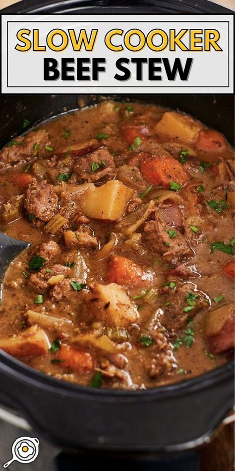 slow cooker full of beef stew with recipe title block at the top. Beef Stew Meat Recipes Crockpot Simple, Chicken Noodle Soup Slow Cooker, Low Fat Crock Pot Recipes, Slow Cooker Beef Ramen, Beef Stew Slow Cooker, Meatballs Slow Cooker, Slow Cooker Swedish Meatballs, Sausage Slow Cooker, Fall Slow Cooker