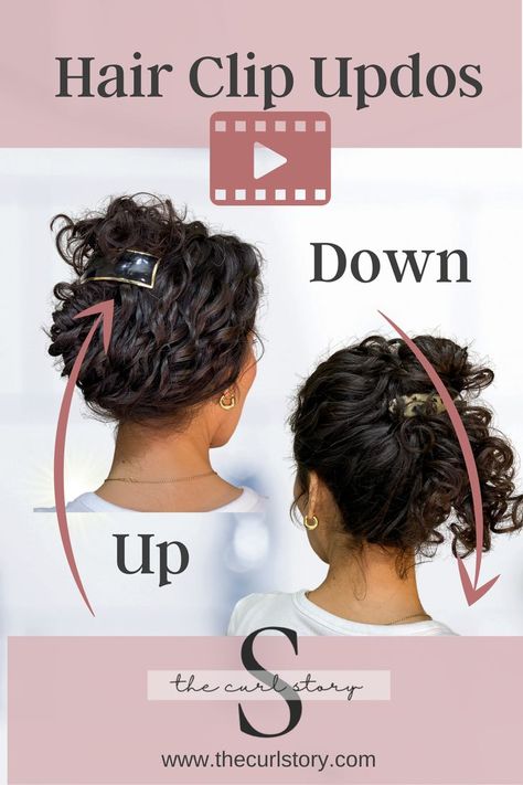 Easy Updo Hairstyles with a Hair Clip - Curly Hair Work Hairstyles Curly Hair, Curly Hair Easy Updo, Long Hair Curly Hairstyles, Hair Easy Updo, Barrette Hairstyles, Curly Hair Updos, Professional Updo, Naturally Curly Hair Updo, Hairstyles Work