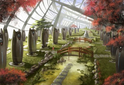 Sci Fi Garden, Sci Fi Garden Concept Art, Sci Fi Plants Concept Art, Alien Garden Concept Art, Sci Fi Terrarium, Scifi Greenhouse, Sci Fi City, Sci Fi Environment, Futuristic Interior