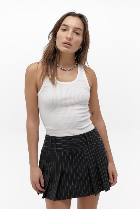 UO Kourtney Pinstripe Kilt Mini Skirt | Urban Outfitters Leather Skirt Summer, Pinstripe Skirt, Cheetah Skirt, Camo Skirt, Utility Skirt, Belted Mini Skirt, Miniskirt Outfits, Black Leather Skirts, Skirt Outfit