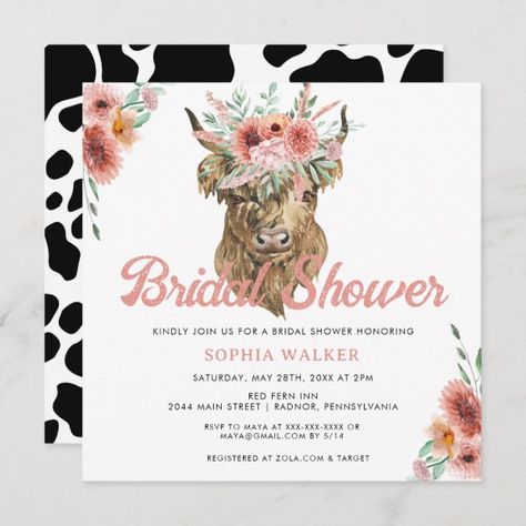 Boho Floral Cow Print Western Bridal Shower Invitation Cow Bridal Shower Ideas, Western Bridal Shower Ideas, Bridal Shower Spring, Western Bridal Showers, Katie Lynn, Country Pink, Boho Bridal Shower Invitations, Bridal Shower Cake Topper, Bridal Shower Cupcakes