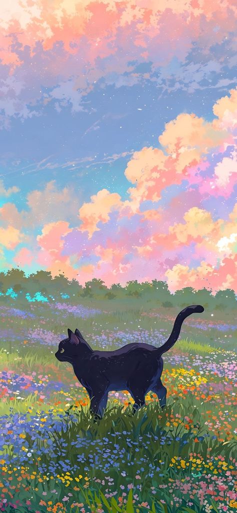 Cottage Core Background, Cat Pattern Wallpaper, Consciousness Art, Pastel Sky, View Wallpaper, Black Cat Art, Pretty Backgrounds, Graphic Wallpaper, Cat Wallpaper