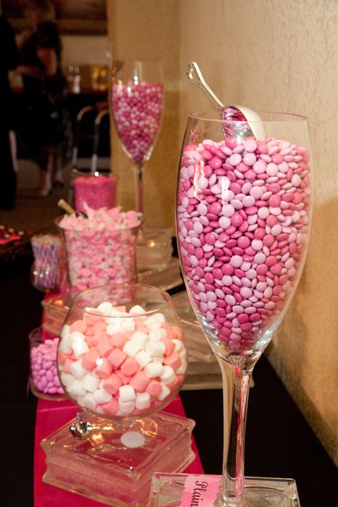 Love this candy bar. You can find those huge wine glasses at Home Goods. A reason to buy them now. Pink Party Decorations Classy, Pink Themed Birthday Party At Home, Pink Y2k Birthday Party, Everything Pink Party, Pink Party Favor Ideas, Pink Party Theme Decoration, All Pink Candy Bar, Candy Bar Ideas Pink, Hot Pink Birthday Ideas