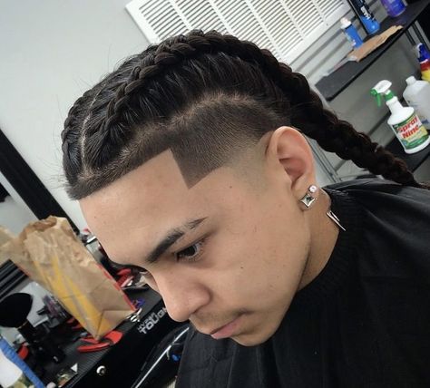 Spanish Braids Hairstyles Men, Braids For Men With Long Hair Mexican, White Mens Braids Hairstyles, Cornrow Hairstyles For Men Fade, Horn Braids, Mexican Braids Men, Latino Braids, Two Braids Hairstyle Men, Braid Styles For Men With Fade