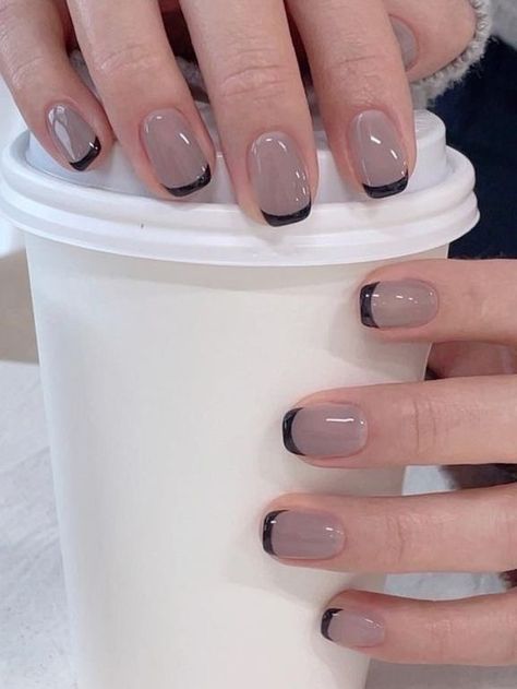 Nails 2024 Tan Nails With Black Tips, Dark Tip French Manicure, Fun Basic Nails, Dark French Manicure, Tuxedo French Tip Nails, Triangle French Tip Nails Short, Black And Tan Nail Ideas, French Manicure Nails Black, Short Nails Black French Tip