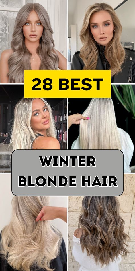 Discover 28 winter blonde hair ideas for 2024, featuring a range of styles from short to medium shoulder-length cuts. Whether you're inspired by aespa’s 2025 look or the latest balayage trends, these color ideas bring cool and bright tones into your winter style. From dark roots to money piece highlights, this collection includes low lights and ombré techniques perfect for short hair or long hair. T Icy Blonde Winter Hair, Dyed Light Blonde Hair, Winter Blonde Curly Hair, Mom Hair Color Ideas Blonde, Blond Hair Fall 2024, Medium Long Hair Blonde, Full Blonde Babylights, White Blonde And Brown Hair, Best Fall Blonde Hair Color