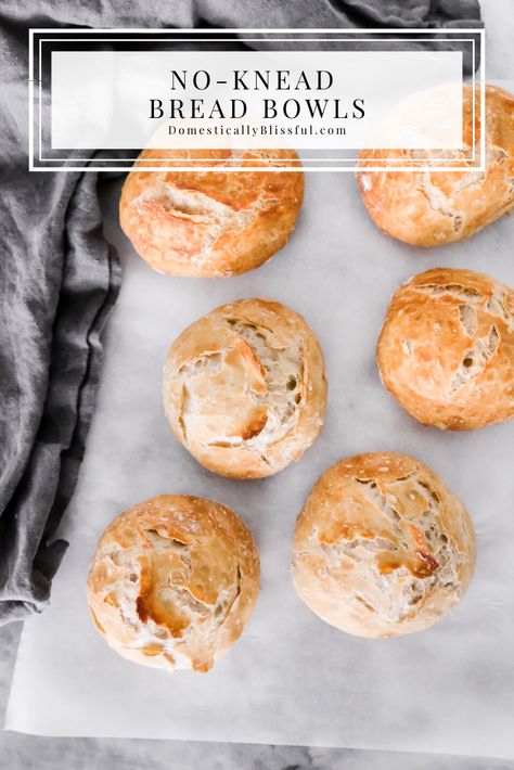 No-Knead Bread Bowls - Domestically Blissful Mini Bread Bowls, Bread Bowl Soup, Soup Night, Homemade Bread Bowls, Bread Bowl Recipe, Dutch Oven Bread, Knead Bread Recipe, No Rise Bread, Knead Bread