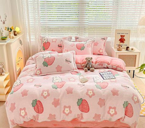 Amazon.com: LMONMOO Pink Duvet Cover Queen, Strawberry Duvet Cover Set, Super Soft Kawaii Bedding Sets Cute Rabbit Fluffy Comforter for Girls Kids Teen Women with Zipper Closure & Corner Ties : Home & Kitchen Strawberry Themed Bedroom Aesthetic, Cute Bed Sheet, Strawberry Bedroom Decor, Strawberry Themed Room, Strawberry Room Aesthetic, Cutecore Bed, Pink Bedding Aesthetic, Strawberry Room, Wash Bedding