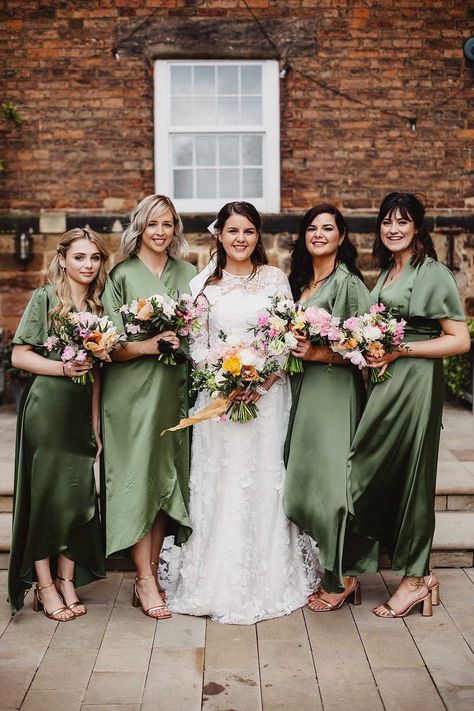 Bridesmaids in green satin wrap bridesmaid dresses and gold sandals with a block heel with bride in high neck long sleeve lace wedding dress | S6 Photography Green Colour Scheme Wedding, Wedding Suit Green, Wedding Cake Green, Wedding Shoes Green, Colour Scheme Wedding, Green Colour Scheme, Bridesmaid Dresses Pink, Colourful Bouquet, Orange Wedding Themes