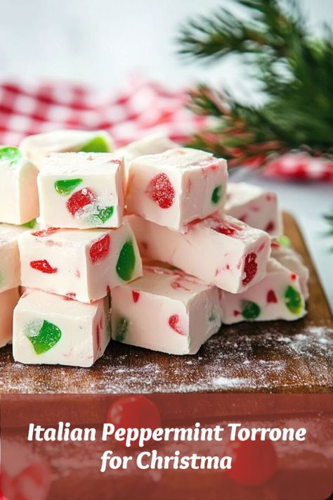 Festive peppermint Italian nougat, offering a refreshing Christmas-inspired treat. Italian Torrone Recipe, Italian Nougat Recipe, Torrone Recipe, Nougat Candy, Nougat Recipe, Candy Recipe, Christmas Candy Recipes, Authentic Italian, Chocolate Hazelnut