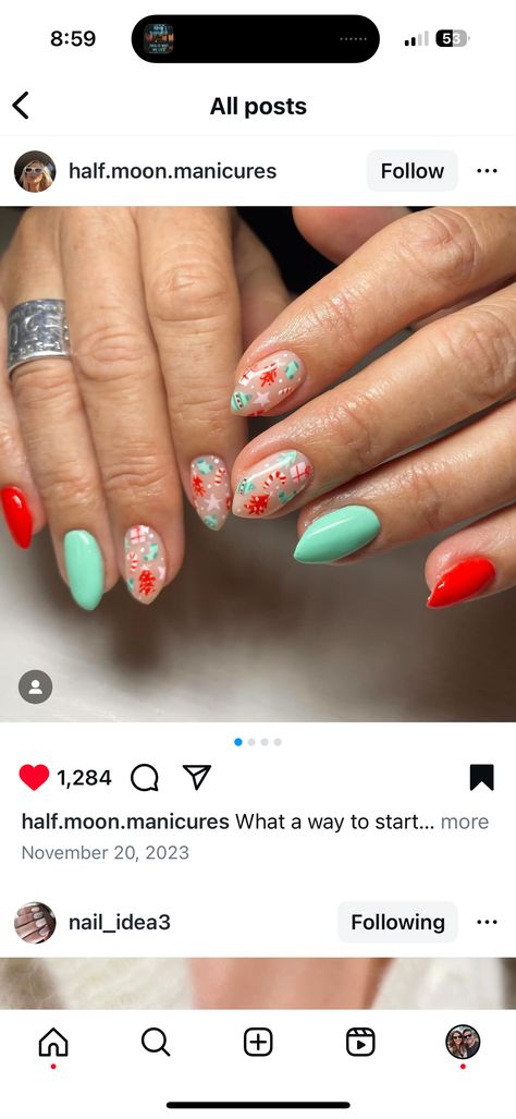 Pink Red Green Christmas Nails, Pink Green Christmas Nails, Pink Christmas Tree Nails, Christmas Western Nails, Pink And Green Christmas Nails, Bright Winter Nails, Western Christmas Nails, Funky Christmas Nails, Pastel Christmas Nails