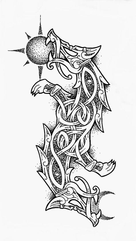 Norse Wolf Tattoo Design, Skoll Hati Tattoo, Viking Wolf Design, Nordic Dragon Tattoo, Wolf Viking Tattoo, Jormungandr Tattoo, Nordic Wolf, Celtic Wolf Tattoo, Black Flash Tattoos