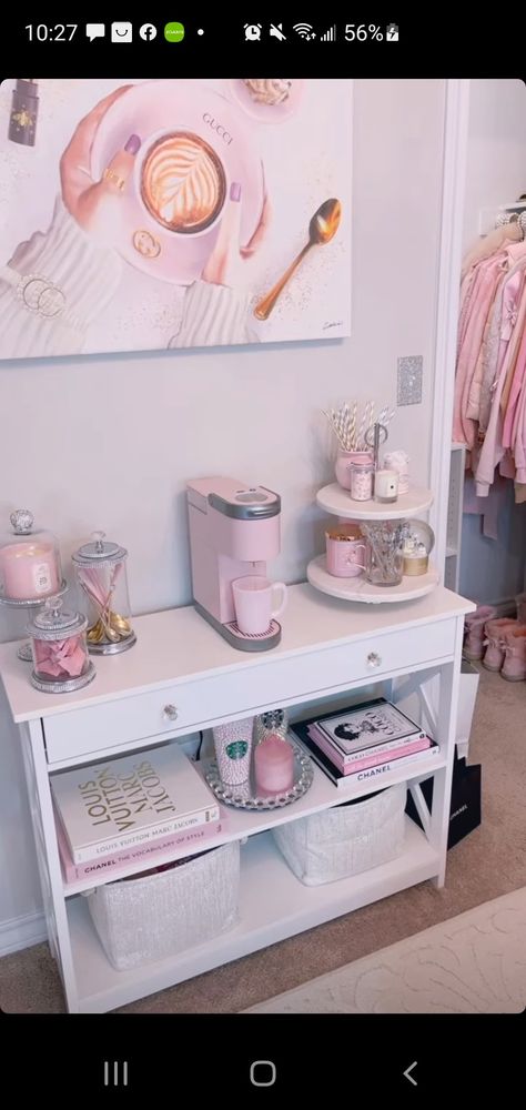 Tea Bar In Bedroom, Pastel Coffee Bar, Girly Basement Ideas, Pink Coffee Station, Coffee Bar Ideas Bedroom, Coffee Bar Ideas Pink, Pink Nail Room Ideas, Bedroom Tea Station, Bedroom Coffee Station