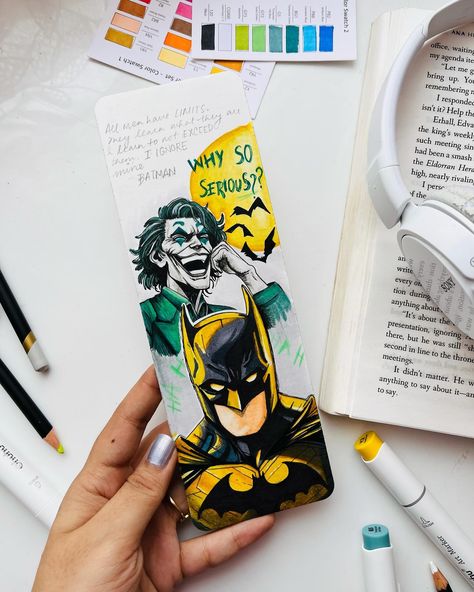 “Why so serious??” Made this Batman themed bookmark using @ohuhuart alcohol markers on @derwentart_india watercolor sheet🦇 . . . . #aashiwork🌸 #batman #batmanfanart #bookmarks #bookmarkart #handmade #alcoholart #alcoholmarkers #ohuhumarkers #ohuhu #ohuhuart #ohuhubrushmarkers #batmancomics #joker #jokerart Batman Bookmark, Gawx Art, Batman Book, Cartoons Krishna, Marvel Art Drawings, Batman Fan Art, Paintings Tutorials, Bookmarks For Books, Creative Bookmarks