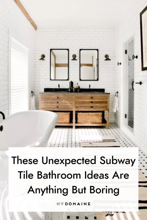 Classic Bathroom Tile Floors, Black And White Powder Rooms, Subway Tiles Bathroom Ideas, White Subway Tile Bathroom Ideas, Subway Tile Powder Room, Subway Tile Small Bathroom, Subway Bathroom Tile, Bathroom Subway Tile Ideas, Small Hexagon Tile Bathroom