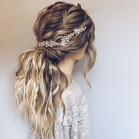 Boho style ponytail with plaits and twists Boho Hairstyles Ponytail, Boho Wedding Hair Ponytail, Boho Wedding Ponytail, Bridal Ponytail With Braid, Textured Ponytail Wedding, Boho Ponytail, Textured Ponytail, Wildflower Hair, Wedding Ponytail Hairstyles