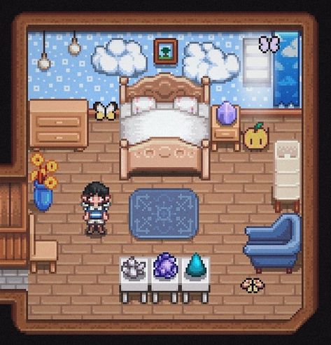 1/3: Made a simple yet cute bedroom for a little angel farmer 💙👼 Mods used: grapeponta's Vanilla Interiors, Elle's Town Animals, Expressive Elf Ears, SH's Animal Stuff for Fashion Sense. Vanilla Stardew Valley, Stardew Valley House Interior Ideas Cute, Stardew Valley Farm Layout Vanilla, Stardew Valley Bedroom Layout, Stardew Valley Vanilla Farm, Stardew Valley Home Interior No Mods, Stardew Valley House Interior Vanilla, Cute Stardew Valley Outfits Ideas, Stardew Valley Vanilla