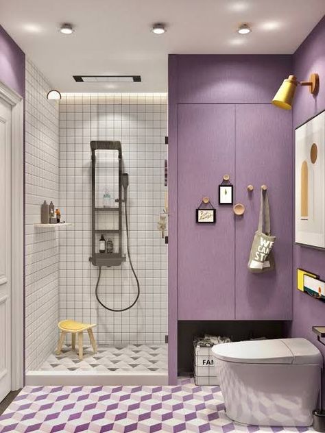 Sandy Bathroom, Light Purple Bathroom, Purple Bathroom Ideas, Purple Bathroom Decor, Purple Bathroom, Basement Bathroom Ideas, Purple Color Schemes, Purple Bathrooms, Small Basement