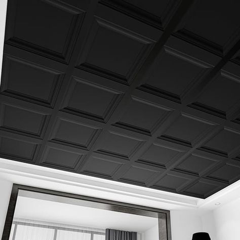 Art3d 2 x 2ft. Drop Ceiling Tile,PVC Ceiling Panel,12Pcs,48sq ft - On Sale - Overstock - 37909426 Black Drop Ceiling Basement, Gothic Home Ideas, Black Ceiling Kitchen, Basement Drop Ceiling Ideas, Black Ceiling White Walls, Ceiling Panels Ideas, Black Tray Ceiling, Ceiling Ideas Modern, Black Drop Ceiling Tiles