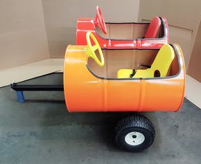 55 gallon double barrel car I just completed. Great colors. Trackless Train, Barrel Train, Kids Play Equipment, Kids Wagon, Go Kart Plans, Kids Backyard Playground, Wood Train, Barrel Projects, Trains For Sale