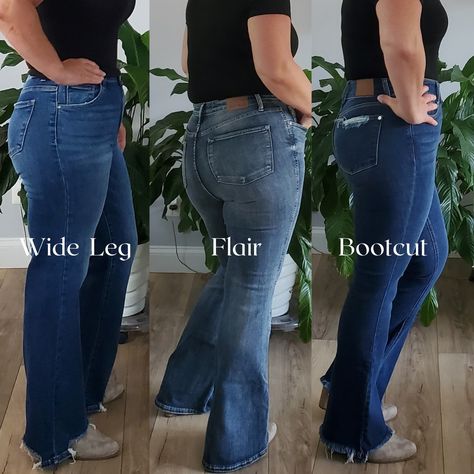 Flare vs. Bootcut vs. Wide Leg Jeans—What’s the Difference? 👖✨ With so many denim styles, it can be tough to choose the right fit! Let’s break down the key differences between flare, bootcut, and wide leg jeans to help you find your perfect pair. 👖 Flare Jeans: Fit: Snug through the waist, hips, and thighs, then dramatically flare out from the knee. Vibe: Retro, statement-making, and bold. Style Tip: Perfect with platforms or heeled boots to show off that dramatic flare! 👖 Bootcut Jeans: Fi... Bootcut Vs Flare Jeans, Risen Jeans, Denim Chic, Bold Style, The Boutique, Trendy Accessories, Fall 2024, New Wardrobe, Fall Wardrobe