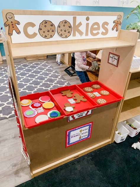 Cookie Shop Dramatic Play Center Cookie Shop Dramatic Play, Preschool Classroom Setup, Play To Learn Preschool, Jamie White, Dramatic Play Themes, Dramatic Play Center, Cookie Shop, Role Play Areas, Play Market