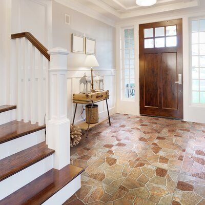 Capturing the rustic appearance of natural stone in a classic ceramic material, Our tile brings the irreplaceable beauty of nature into any living space. Comprised of stone-look shapes in varying shades of terracotta, light tawny, and beige set on a chalky white glaze, this tile offers a pleasing mixture of warm-toned tints with a textured surface. This floor tile draws heavily from the natural appeal of stone with imitation scuffs and spots that suits a variety of looks, including vintage, natu Beige Bathroom Floor, Rustic Tile Floor, Modern Beige Bathroom, Diy Wood Floors, Foyer Flooring, Entry Tile, Beige Ceramic, Tile Ceramic, Floor Remodel