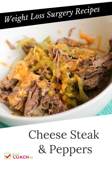 Crockpot Cheese Steak, Steak And Peppers, Steak Peppers, Gastric Bypass Recipes, Meal Ready To Eat, Wls Recipes, Bariatric Friendly Recipes, Bariatric Diet, Bariatric Eating