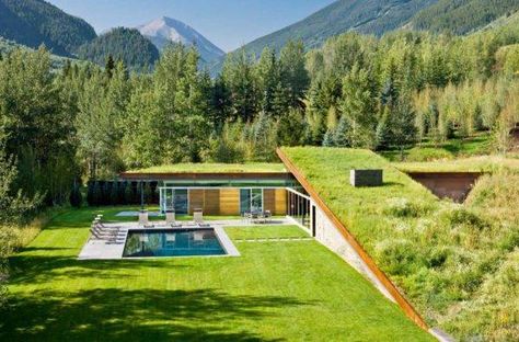 Guest house in the Colorado Rockies partially buried into its landscape Case Sotterranee, Green Roof Design, Green Roof House, Earth Sheltered Homes, Grass Roof, Home Designs Exterior, Earth Sheltered, Underground Homes, Exterior Modern