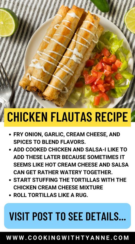 Chicken Flautas Recipe Mexican, Recipes Using Flour Tortillas, Cheese Flautas, Baked Chicken Flautas, Easy Chicken Flautas, Chicken Flautas Recipe, Flautas Recipe, Chicken Dishes For Dinner, Chicken Flautas