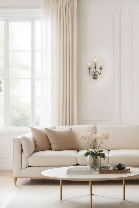 Looking for living room decor inspiration with ivory walls? Ivory, with its pure essence, can breathe life into your space. Whether you're into modern minimalism, neoclassicism or traditional style, the key lies in accessorizing. Choose beige, shades of ivory, cream, and gold for a monochromatic, glamorous look. Incorporate warm tones for textiles, such as light browns. To complement it all, add statement pieces such as a vintage wall candle lamp. Luxury Classic Cream Dresses, Ivory Paint Colors For Walls Living Room, Ivory Walls Living Room, Creme Cashmere Interior, Ivory Colour Wall Paint, Ivory Living Room Decor, Luxury Full-length Cream Dress, Living Room Wallpaper Cream, Color Living Room Ideas